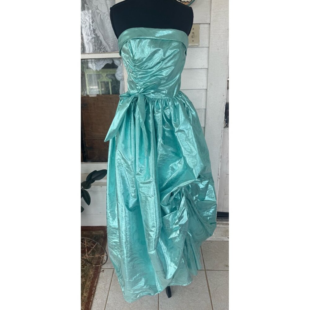 Vintage 80's Aqua Green Lame' Ball /Prom Gown Bustled Bow TD4 Eletra size 11/12 - Picture 15 of 16
